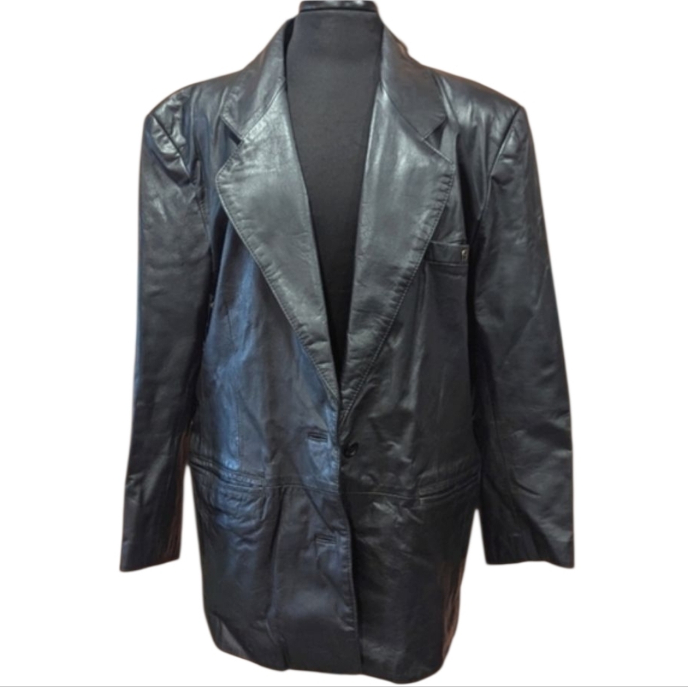 Vintage 90s Large Leather Jacket Black Etienne Aigner Blazer Buffy Goth Coat